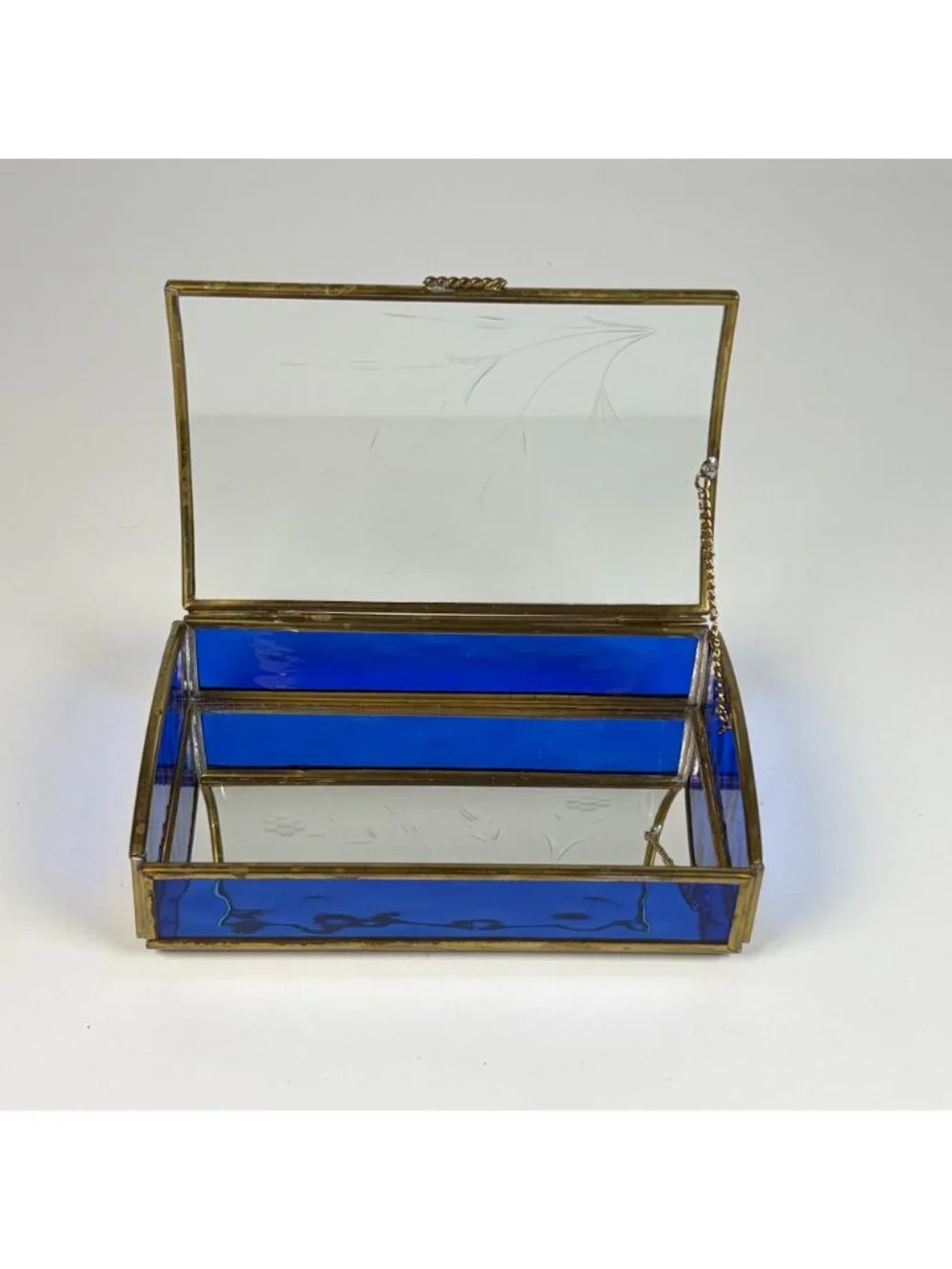 Vintage Blue Glass Jewelry Trinket Box Brass Trim Hinged Lid